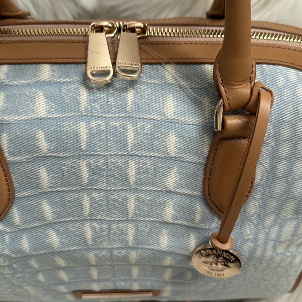 Brahmin Stacy Satchel Bag Croc Embossed Light Denim Quinze Tan Leather Accents - Picture 12 of 16
